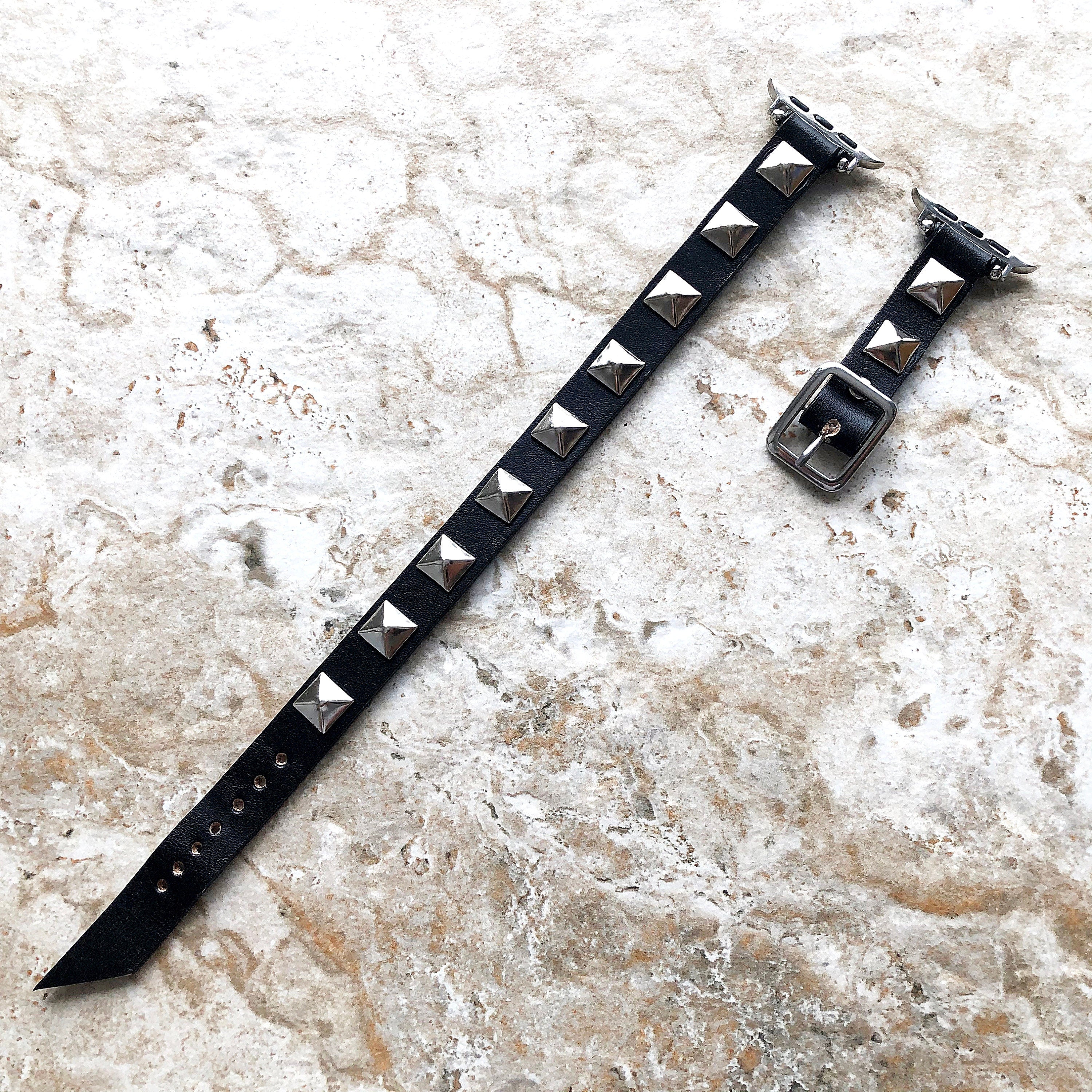 Apple Band for iWatch Ultra 2 49mm and 9 8 Series 41mm 45mm Black Leather & Silver Pyramids Bracelet Twice Double Wrap Around Wrist Strap